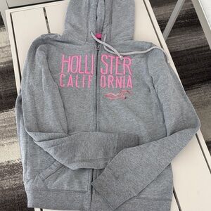 Hollister Women's Gray and Pink Zip-Up Hoodie